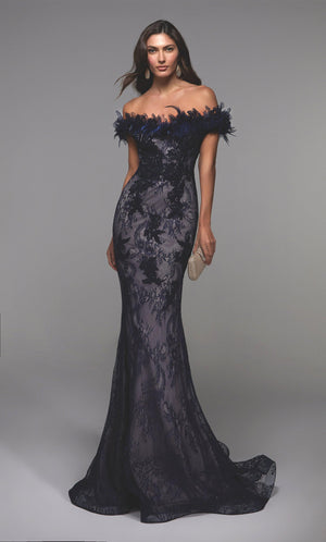 UNK-27490. Long Fitted Dress, Off The Shoulder, Fit N Flare image 1