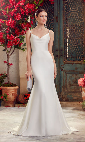 UNK-Wedding Dress: 7051. Long White Dress, Cowl Neck, Fit N Flare image 0