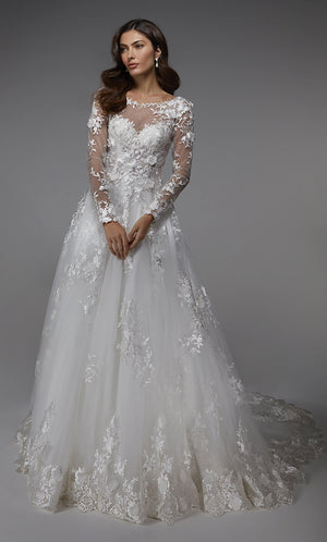 UNK-7046. Long Wedding Dress, Illusion Neckline, Ball Gown image 0