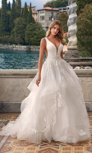 UNK-7040. Long Bridal Gown, Plunging Neckline, Ball Gown image 0