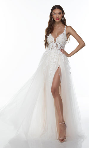 UNK-61110. Long Sexy White Dress, Plunging Neckline, High-low image 2