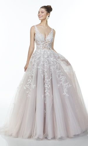 UNK-61106. Long Embroidered Dress, Plunging Neckline, Ballgown image 2