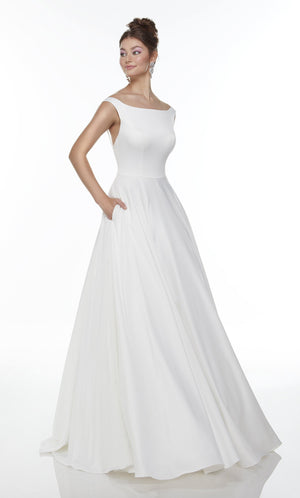 UNK-7054. Long White A-line Dress, Bateau Neckline, A-line image 0