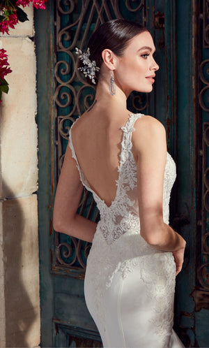 UNK-7027. Long Wedding Dress, Plunging Neckline, Fit N Flare image 3