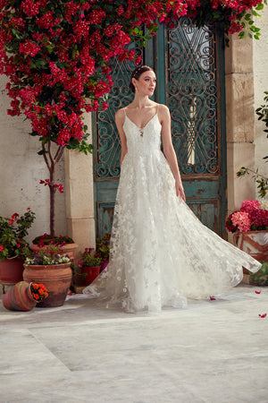 UNK-Wedding Dress: 7012. Long, V-Neck, Fit N Flare, V Shaped Back image 11