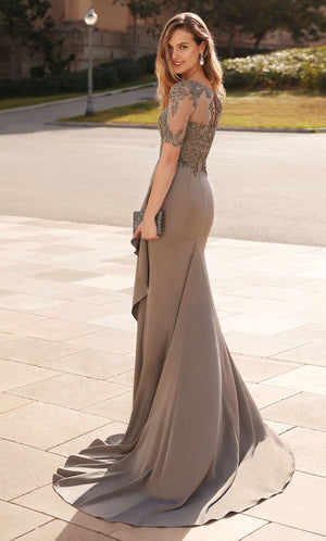 UNK-27477. Long Crepe Dress, Illusion Neckline, Straight image 1