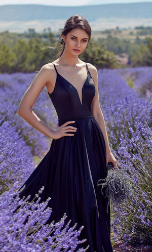 UNK-Wedding Dress: 7024. Long Bridal Gown, Plunging Neckline, Flowy image 2