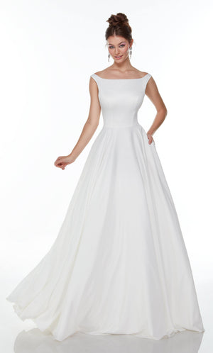 UNK-7054. Long White A-line Dress, Bateau Neckline, A-line image 2