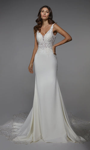 UNK-7027. Long Wedding Dress, Plunging Neckline, Fit N Flare image 4