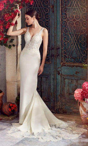 UNK-7027. Long Wedding Dress, Plunging Neckline, Fit N Flare image 0