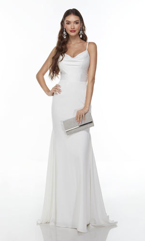 UNK-Wedding Dress: 7051. Long White Dress, Cowl Neck, Fit N Flare image 3