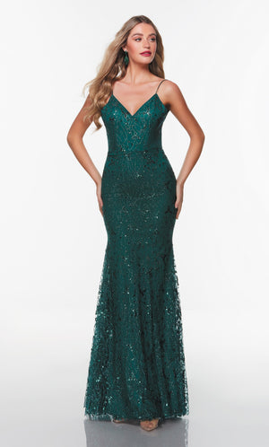 UNK-61283. Long Sparkly Prom Dress, V Neck, Fit N Flare, V Shaped Back image 2