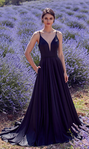 UNK-Wedding Dress: 7024. Long Bridal Gown, Plunging Neckline, Flowy image 0