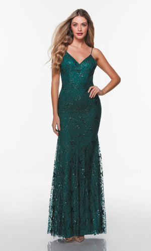UNK-61283. Long Sparkly Prom Dress, V Neck, Fit N Flare, V Shaped Back image 0