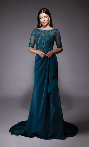 UNK-27477. Long Crepe Dress, Illusion Neckline, Straight image 2