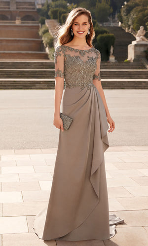 UNK-27477. Long Crepe Dress, Illusion Neckline, Straight image 0