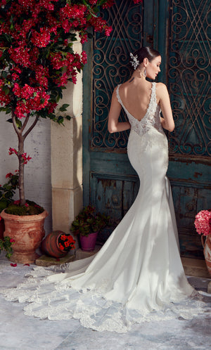 UNK-7027. Long Wedding Dress, Plunging Neckline, Fit N Flare image 1
