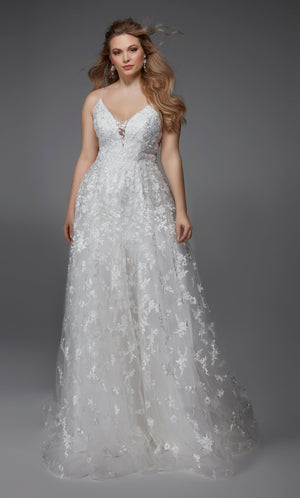 UNK-Wedding Dress: 7012. Long, V-Neck, Fit N Flare, V Shaped Back image 6
