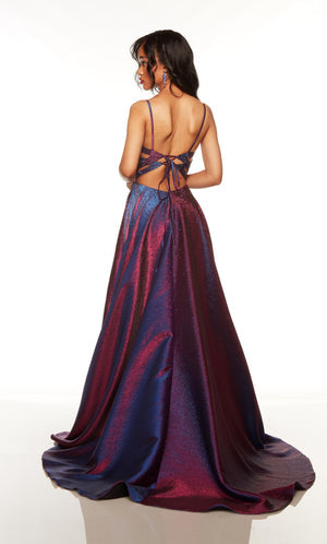 UNK-1770. Long, V-neck, A-line, Lace-up Back image 1