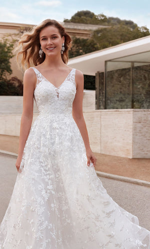 UNK-7037. Long Bridal Gown, V-neck, A-line, Low V Back image 1