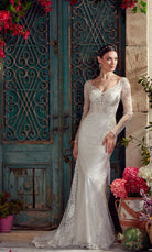 UNK-7030. Long Bridal Gown, V-neck, Fit N Flare image 2