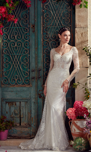 UNK-7030. Long Bridal Gown, V-neck, Fit N Flare image 2