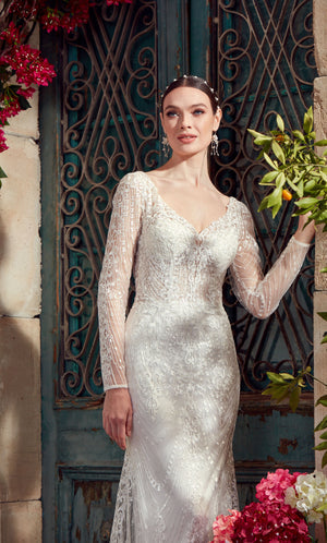 UNK-7030. Long Bridal Gown, V-neck, Fit N Flare image 0