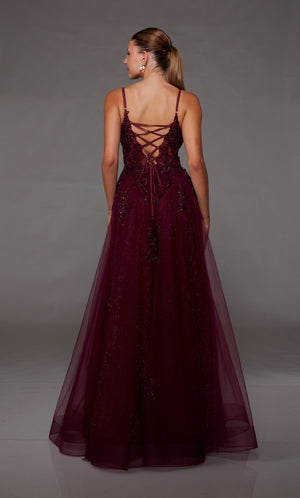 UNK-1824. Long, Plunging Neckline, A-line, Lace-up Back image 1