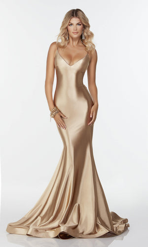 UNK-61169. Long Slinky Dress, V-neck, Fit N Flare image 2