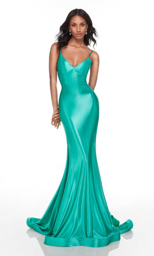 UNK-61169. Long Slinky Dress, V-neck, Fit N Flare image 0