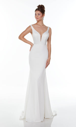 UNK-Wedding Dress: 7052. Long Satin Dress, Plunging Neckline, Fit N Flare image 3