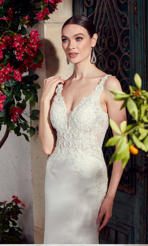 UNK-7027. Long Wedding Dress, Plunging Neckline, Fit N Flare image 2