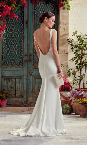 UNK-Wedding Dress: 7052. Long Satin Dress, Plunging Neckline, Fit N Flare image 2