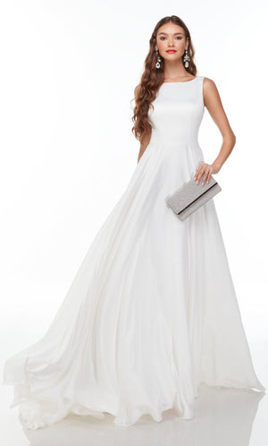 UNK-Wedding Dress: 7053. Long Flowy Wedding Dress, Bateau Neckline, A-line image 0