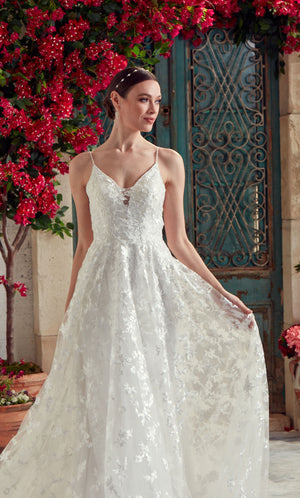 UNK-Wedding Dress: 7012. Long, V-Neck, Fit N Flare, V Shaped Back image 4