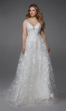 UNK-Wedding Dress: 7012. Long, V-Neck, Fit N Flare, V Shaped Back image 9