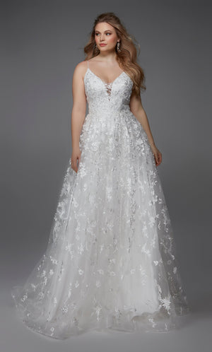 UNK-Wedding Dress: 7012. Long, V-Neck, Fit N Flare, V Shaped Back image 9