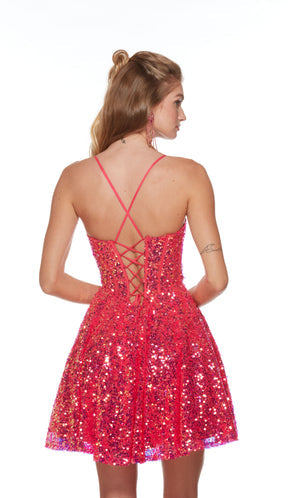 UNK-3123. Short, V-neck, A-line, Lace-up Back image 1