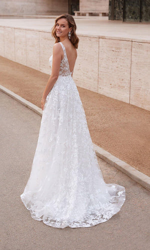 UNK-7037. Long Bridal Gown, V-neck, A-line, Low V Back image 5