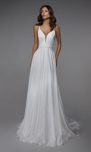 UNK-Wedding Dress: 7024. Long Bridal Gown, Plunging Neckline, Flowy image 4