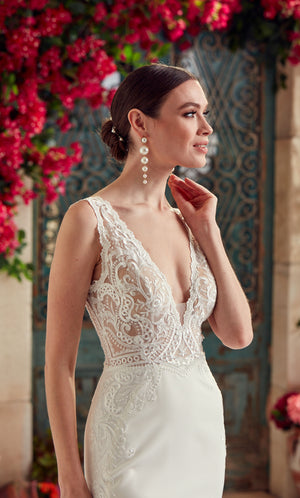 UNK-Wedding Dress: 7016. Long, Plunging Neckline, Fit and Flare image 1