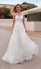 UNK-7037. Long Bridal Gown, V-neck, A-line, Low V Back image 0