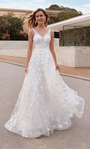 UNK-7037. Long Bridal Gown, V-neck, A-line, Low V Back image 0