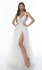 UNK-61110. Long Sexy White Dress, Plunging Neckline, High-low image 0