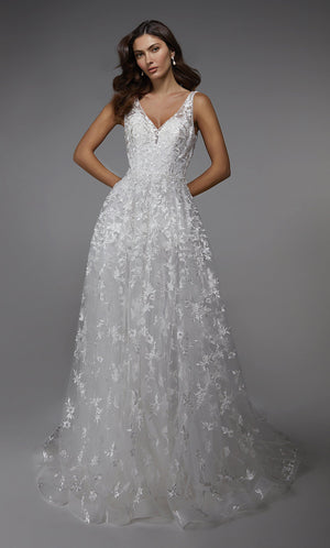 UNK-7037. Long Bridal Gown, V-neck, A-line, Low V Back image 3