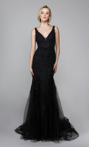 UNK-Wedding Dress: 7029. Long Wedding Dress, Plunging Neckline, Fit N Flare image 3