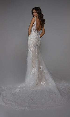 UNK-Wedding Dress: 7029. Long Wedding Dress, Plunging Neckline, Fit N Flare image 7
