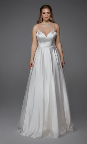 UNK-Wedding Dress: 7009. Long, V-Neck, Fit N Flare, V Shaped Back image 0