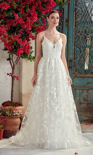 UNK-Wedding Dress: 7012. Long, V-Neck, Fit N Flare, V Shaped Back image 1
