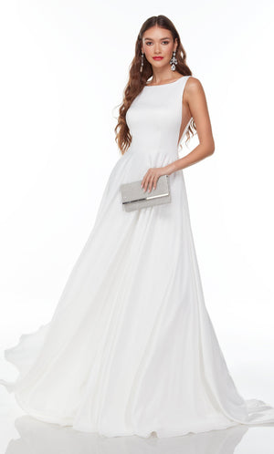 UNK-Wedding Dress: 7053. Long Flowy Wedding Dress, Bateau Neckline, A-line image 2
